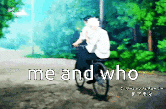 a cartoon of a man riding a bike with the words me and who on the bottom
