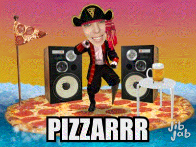 a man in a pirate costume is dancing on a pizza with the words pizzarr written below him
