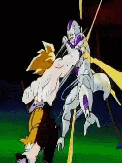a cartoon character is fighting another character with a sword .