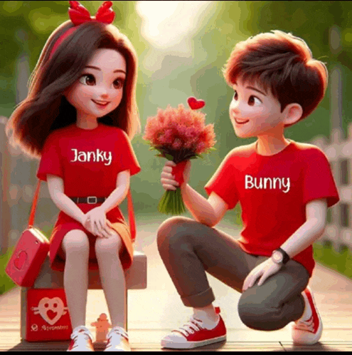 a boy is kneeling down to give flowers to a girl whose shirt says janky and bunny