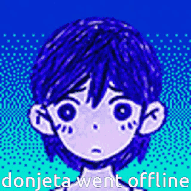 a drawing of a boy with purple hair and the words " donjeta went offline "