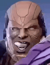 a close up of a cartoon character 's face with a purple mask on .