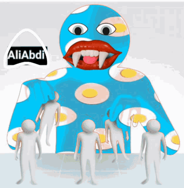 a blue monster with eggs on it is surrounded by white figures and a logo that says aliabdi