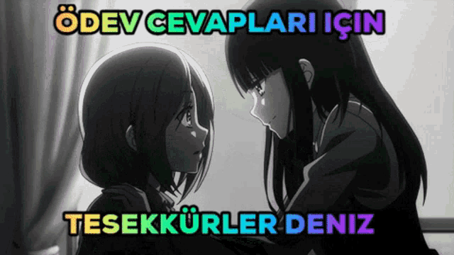 two anime girls are looking at each other with the words " odev cevaplari için " above them
