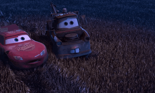 a red lightning mcqueen car is in a field of tall grass