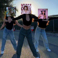 a group of women are dancing with their faces covered by pictures