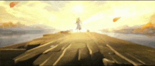 a painting of a person standing on a dock with the sun shining through the clouds
