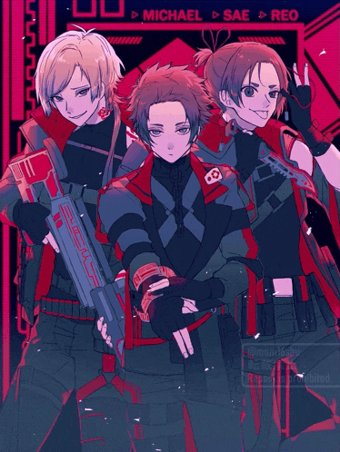 a drawing of three anime characters with michael sae and reo written on the bottom