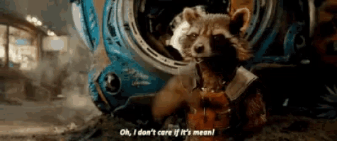 rocket raccoon from guardians of the galaxy 2 is sitting in a helmet and talking .