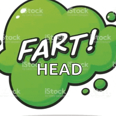 a green speech bubble with the words fart head written inside of it on a white background .