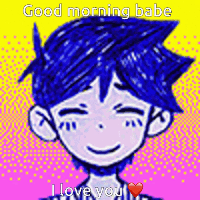 a pixel art of a boy with blue hair saying good morning babe i love you