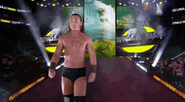 a wrestler without a shirt is walking down a ramp in a ring .