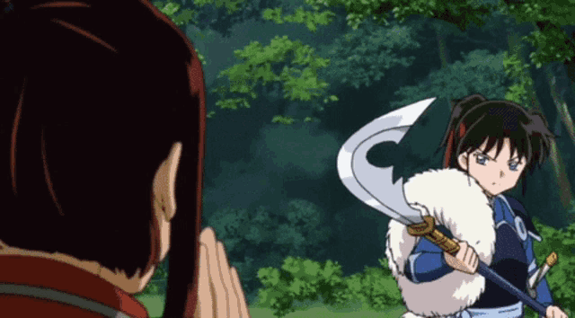 a couple of anime characters standing next to each other holding swords .