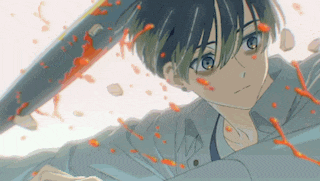 a boy in a blue shirt is holding a bloody sword in his hand .