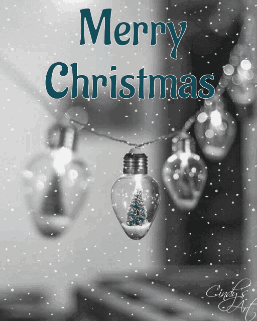 a merry christmas greeting card with a string of light bulbs