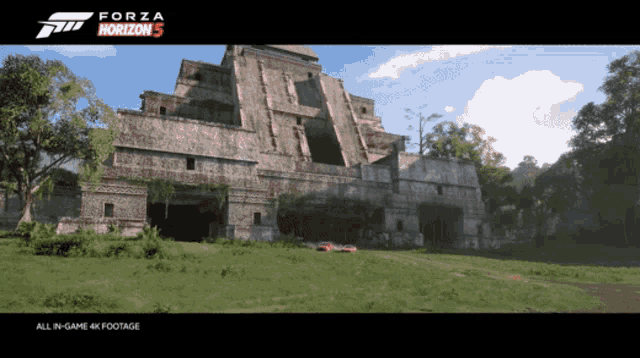 a poster for forza horizon 5 shows a large stone building