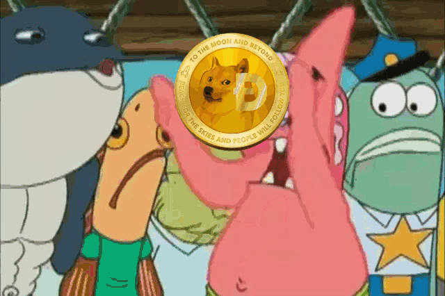 patrick star is holding a dogecoin in his mouth