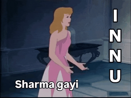 a cartoon of a woman in a pink dress with the words dharma gayi on the bottom
