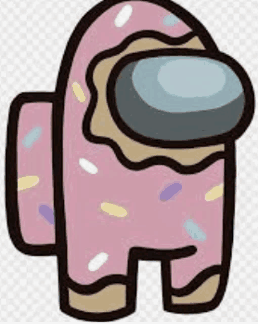 a pink among us character with sprinkles on it and a blue face .
