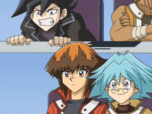 a group of anime characters are sitting in a row and one of them has glasses on