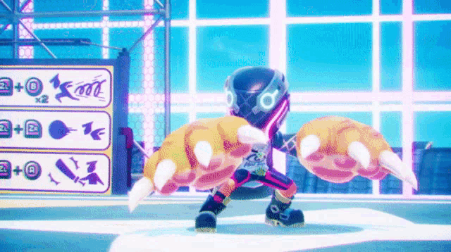a video game character with a purple helmet and orange paws is dancing