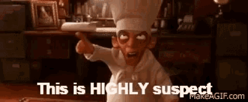 a cartoon chef is pointing at the camera with the words `` this is highly suspect '' written above him .