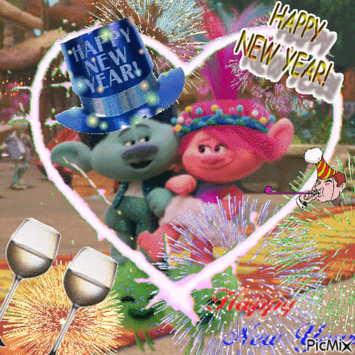 a happy new year greeting card with two trolls in a heart