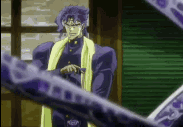 a man with purple hair and a yellow scarf is standing in front of a window holding a gun .