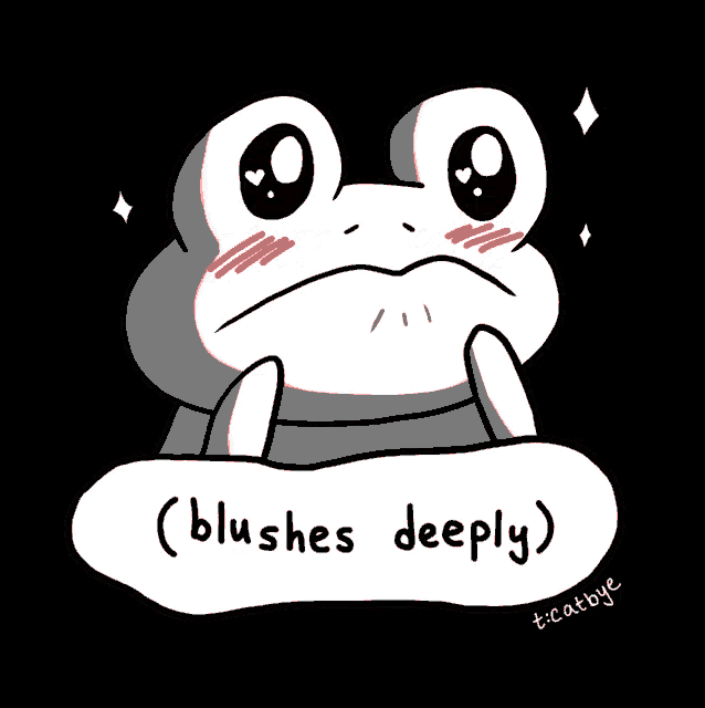 a black and white drawing of a frog with the words ( blushes deeply )
