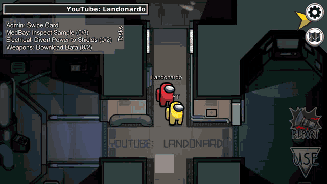 two among us characters are standing next to each other on a screen that says youtube landonardo