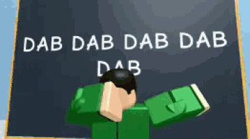 a man in green standing in front of a blackboard that says dab dab dab dab dab dab