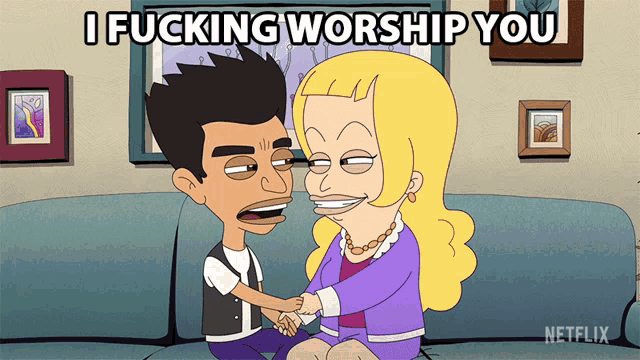 a cartoon of a man and woman sitting on a couch with the words " i fucking worship you " above them