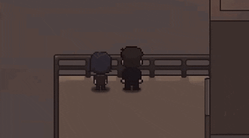 a pixel art drawing of two people standing next to each other on a balcony .