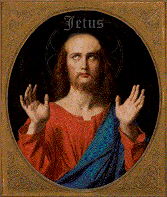 a painting of jesus with the word jetus written on it