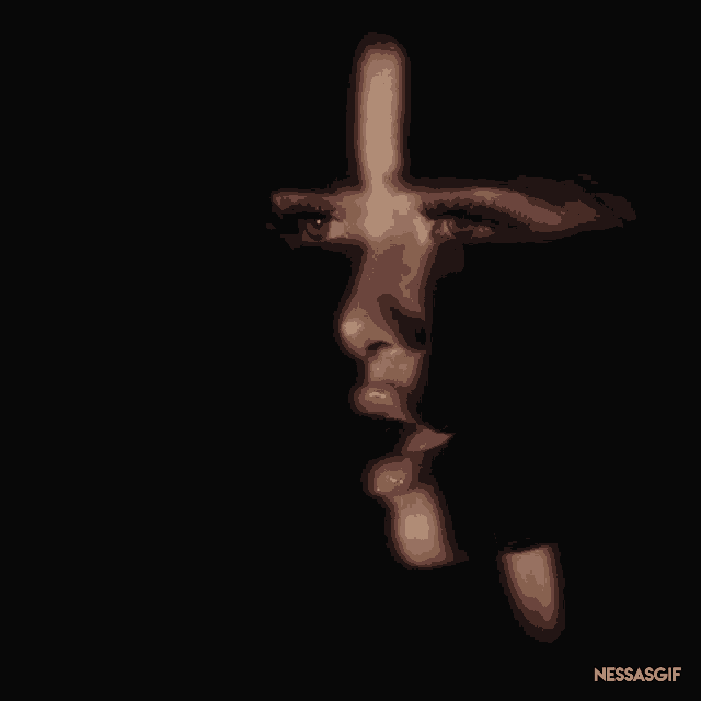 a close up of a woman 's face with a shadow of a cross on it .