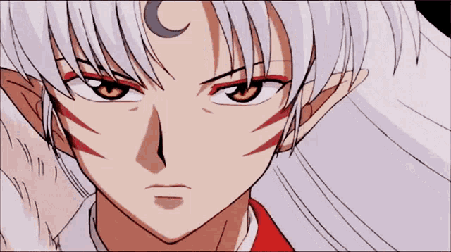a close up of a cartoon character with white hair and red eyes