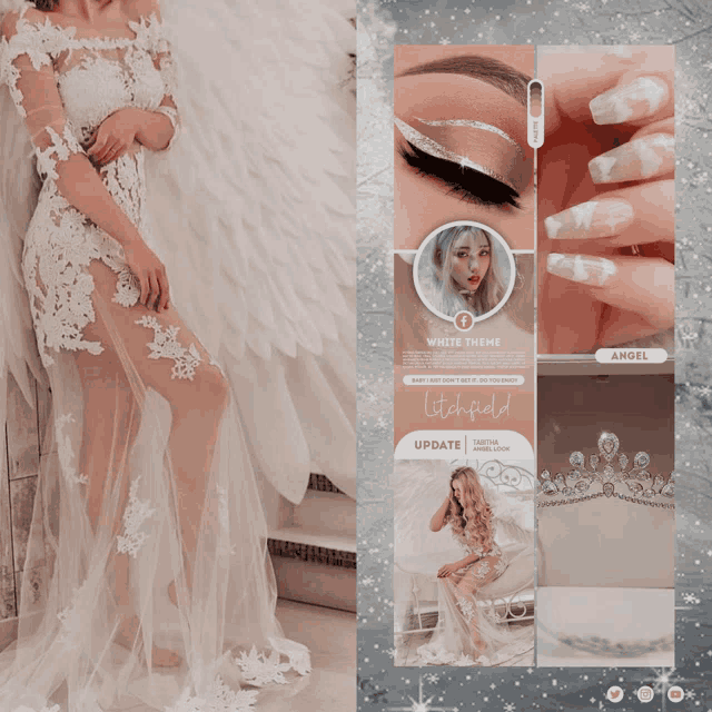 a woman in a white lace dress with angel wings and a white theme