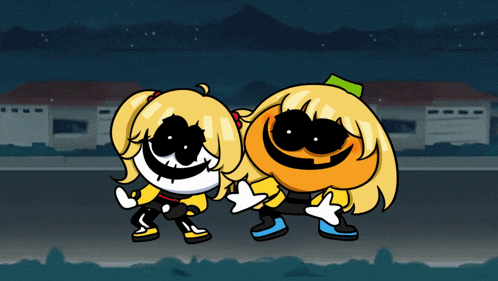 a cartoon of a girl and a pumpkin are standing next to each other