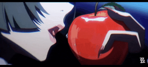 a cartoon of a girl eating an apple with the letter z on the bottom