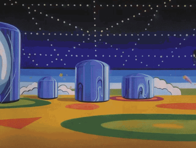 a colorful painting with a blue object in the foreground and a blue object in the background