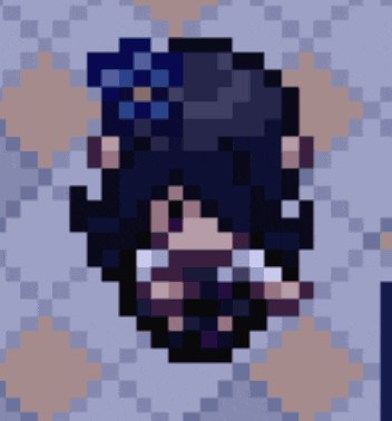 a pixel art drawing of a girl with a blue flower in her hair