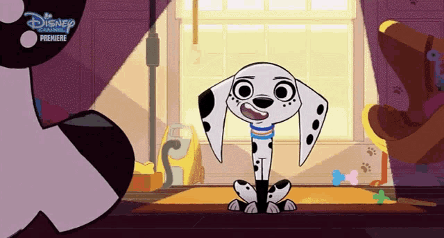 a dalmatian dog is sitting in front of a window with a disney premiere logo behind him
