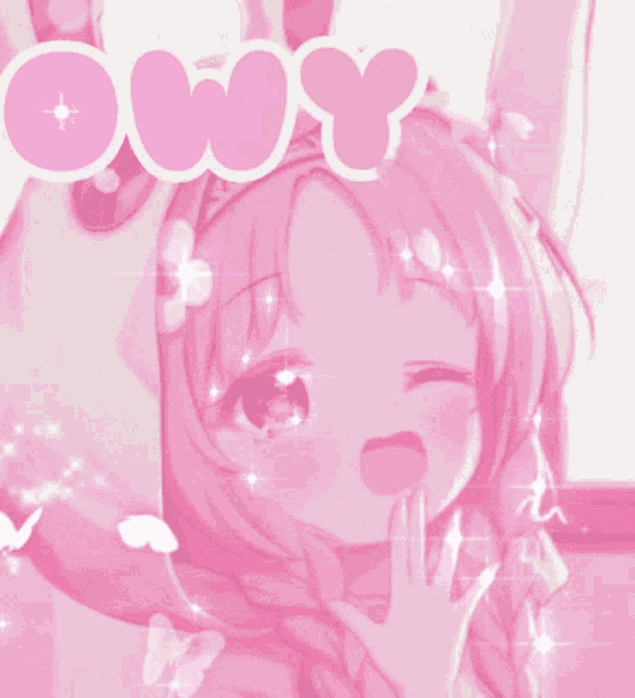 a picture of a pink anime girl with the word ow y above her