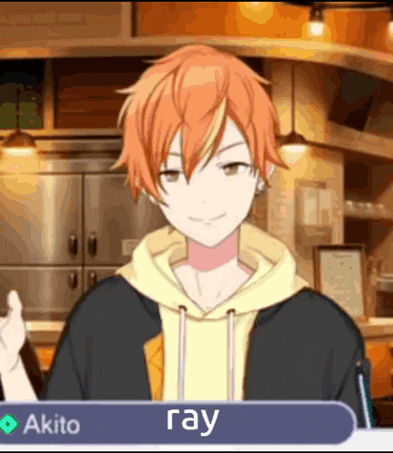 a boy with orange hair and a yellow hoodie is talking to someone in a kitchen .
