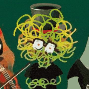 a cartoon drawing of a man with spaghetti on his head