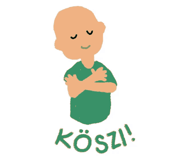 a cartoon drawing of a bald man with his arms outstretched and the word köszi written below him