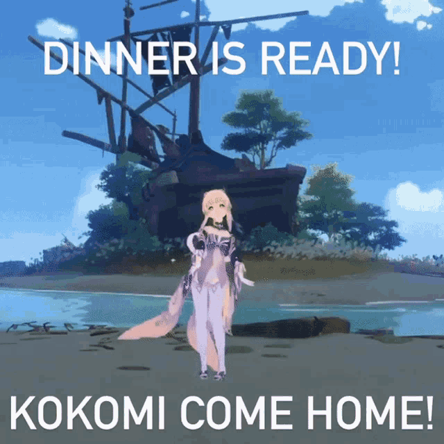 a video game character is standing in front of a ship and says dinner is ready kokomi come home