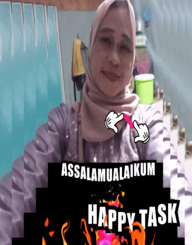 a woman taking a selfie with the words " assalamualaikum happy task "