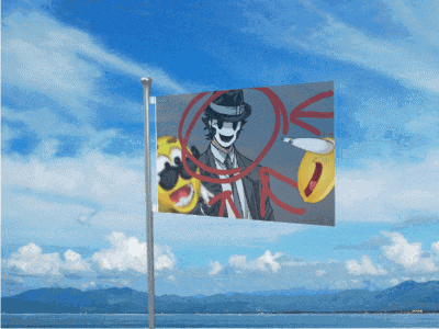a flag with a picture of a man with a smiley face and a gun on it