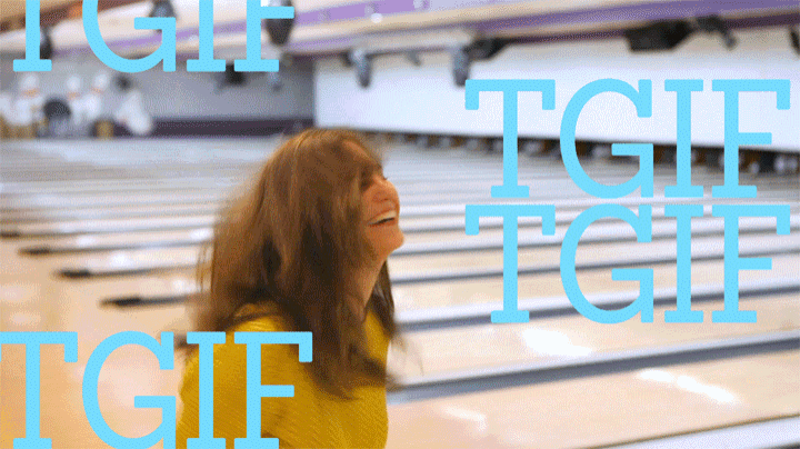a woman is smiling in a bowling alley with the words tgie tgie
